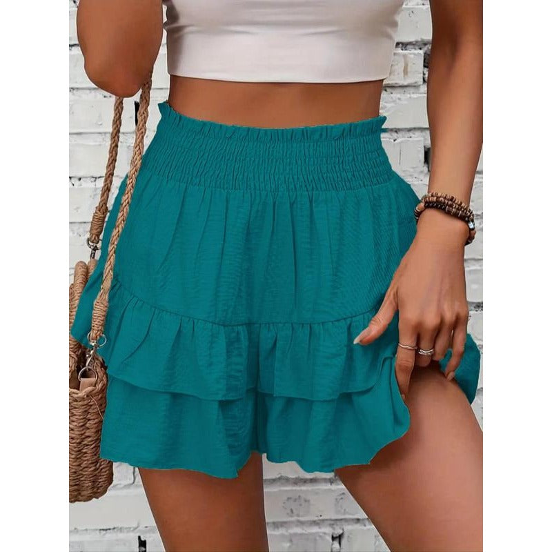 High-Waist Ruffle Smocked Shorts – Lightweight Double-Layer Lounge Bottoms