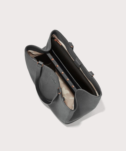 Dagne Dover large Allyn Tote in grey seen from above, revealing the interior slip pockets and laptop sleeve.