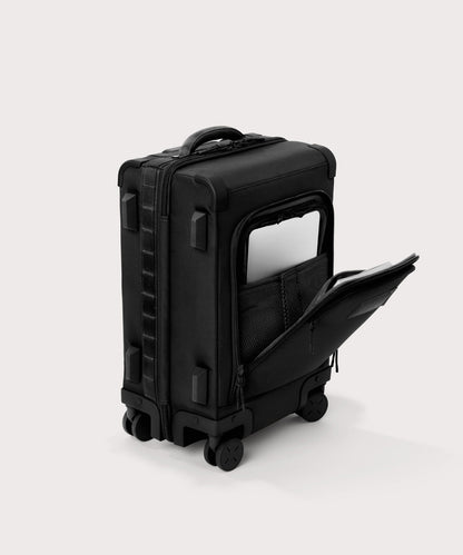 3/4 front view of Seattle carry-on rolling luggage 20.5” in onyx showing side luggage feet